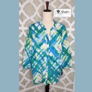 Alia Plus Women's Blue Green Split Collar 3/4 Sleeve Blouse Size 18W